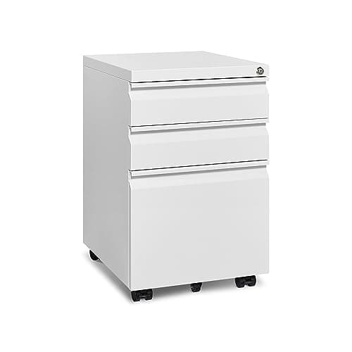Approgreent Mobile File Cabinet for Home Office, Lockable 3 Drawer Filing Cabinet with Wheels for A4-Size/Letter-Size/Legal-Size, Fully Assembled Except Casters, White