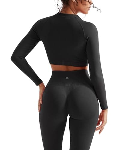 SUUKSESS Women 2 Piece Workout Sets Hidden Scrunch Hip Lifting Seamless Leggings Long Sleeve Yoga Crop Tops High Waisted Yoga Pants Tracksuits (Black, M)