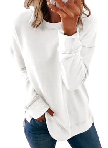 Dokotoo Womens Casual Oversized Long Sleeve Round Neck Sweatshirt Side Split Loose Fit Solid Basic Pullover Tunic Shirts Tops Sweatshirts for Women 2025 Fashion Fall White XLarge