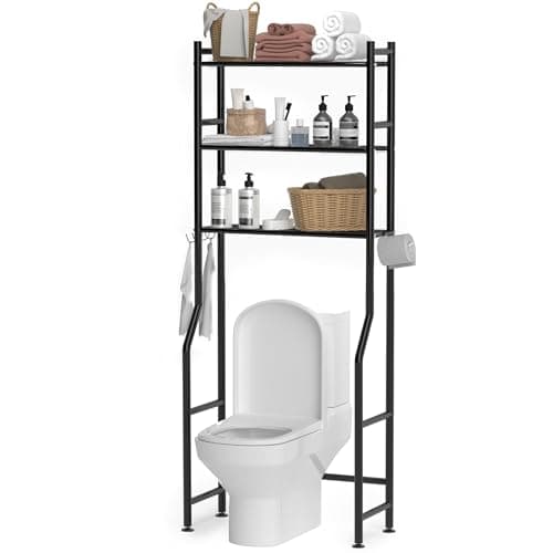 GloTika 3-Tier Over The Toilet Storage, Space Saver Metal Bathroom Shelves, Freestanding Above Over Toilet Storage Shelf with 4 Hooks for Bathroom, Black