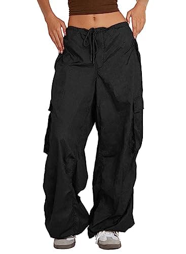 ARTFREE Cargo Pants for Women Baggy Parachute Pants with Pockets Low Waisted Y2K Loose Drawstring Casual Pants Black