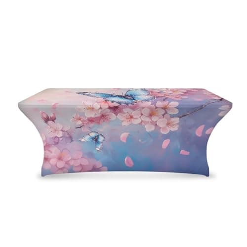 LedBack Elastic Table Cover Party Tablecloth Stretchy Table Covers Durable Table Cloth Trendy Rectangle Tablecloth Cherry Blossom Butterfly Elastic Tableclothes