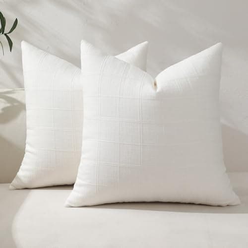 Hckot Decorative Linen Check Throw Pillow Covers Vintage Neutral Farmhouse Pillow Covers 18x18 Set of 2 Boho Modern Home Decor for Sofa Couch Bedroom Cushion Chair,White
