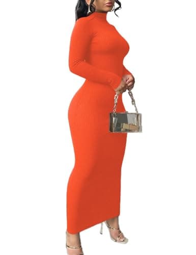 Nimsruc Women Sexy Bodycon Maxi Dress Casual Long Sleeve Mid Neck Long Dresses Sundress Orange L