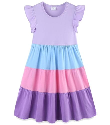 Little Girl Summer Dress Cotton Pocket Easter Ruffle Short Sleeve Tiered Swing Twirly Casual Sundress Dresses for Girls Clothes Outfits Clothing Color Block Lilac 6-7 Years