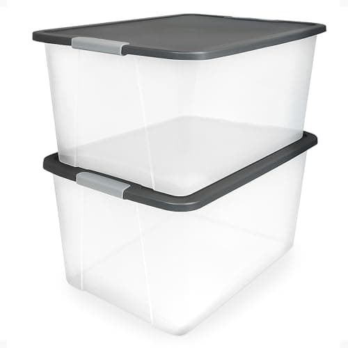 HOMZ 2-Pack Secure Latch, Clear Plastic Storage Organizer Bins, 64 Quart, Gray Lid - Heavy-Duty Container Boxes with Lids for Home, Office, and Garage