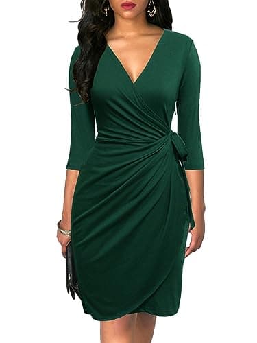 Berydress Women's Classic 3/4 Sleeve V Neck Sheath Casual Party Work Faux Black Wrap Dress (XL, 6083-Dark Green)