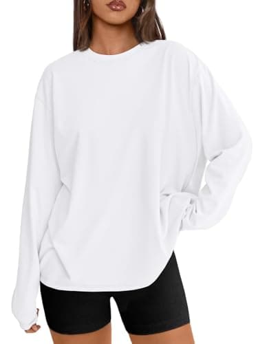 Trendy Queen Womens Oversized Long Sleeve T Shirts 2026 Basic Crewneck Tee Fall Tops Casual Workout Y2K Clothes White M