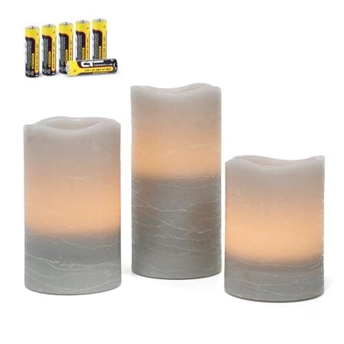 Rhytsing Grey Battery Operated Flameless Led Candles with Timer Function, Warm White Light, Real Wax Finish, 6 Batteries Included - Set of 3