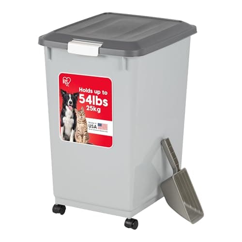 IRIS USA Dog Food Storage Container with Wheels, Airtight Lid, 2-Cup Scoop, Up to 54 Pounds Pet Food Storage, Built in Scoop Storage in Lid, Versatile Pet Food Bin, Portable, BPA Free, Gray/Dark Gray