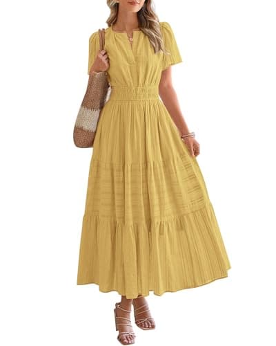 BTFBM Womens Summer 2025 Casual Midi Maxi Dresses Lightweight Short Sleeve V Neck Elastic Waist Boho Beach Dress Pockets(Yellow, Small)