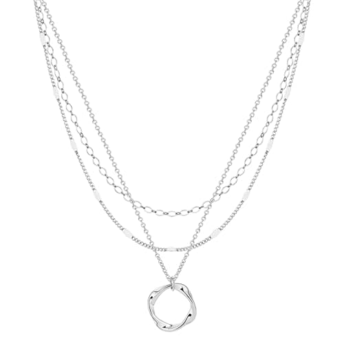 Cuzmly Layered Silver Necklaces for Women, 925 Sterling Silver Stackable Choker Necklaces for Women Trendy Layering Circle Pendant Chain Necklace Set Jewelry Gifts for Women Teen Girls, Brass, No