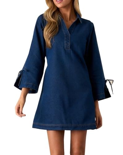 Womens Denim Shirt Dress Collared V Neck Bell Long Sleeve Mini Casual A-line Jean Dresses with Bow Blue