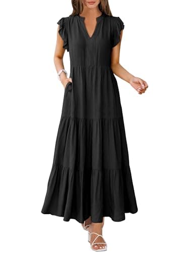 ANRABESS Womens Summer Casual Maxi Dress V Neck Ruffle Sleeve Long Dresses Fashion Flowy Tiered Boho Beach Vacation Sundress Black Large