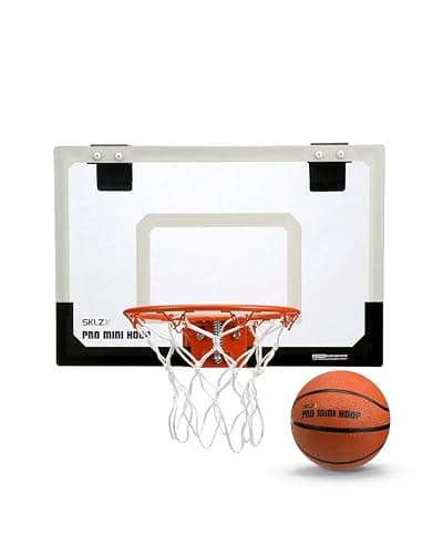 SKLZ Pro Mini Basketball Hoop - 18" x 12" Clear, Shatterproof Backboard, Breakaway Rim, Heavy Duty Net, & 5" Ball - Easy Mount Padded, Slide-On Over-Door Mounts - Suitable for Office, Dorm, Bedroom