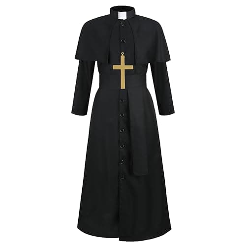Colorful House Clergy Robe Adult Black Priest Costume Monk wizard for Men Exorcist Costume Halloween Outfit(Medium,Black)