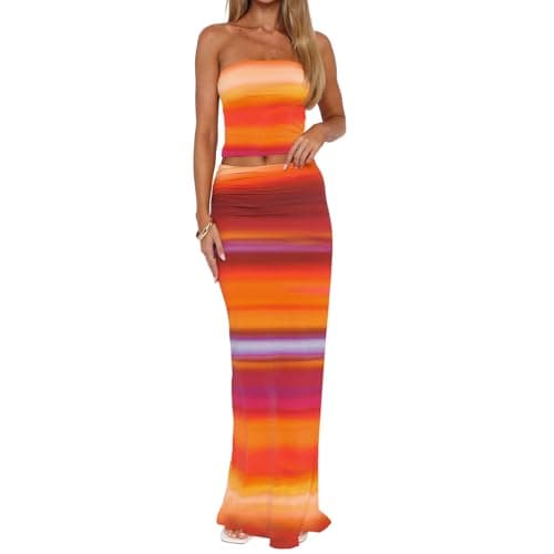 Goafuliy Womens Two Piece Skirt Outfits Sleeveless Bandeau Tops Floral Maxi Skirts 2 Pc Y2k Matching Going Out Sets Orange S