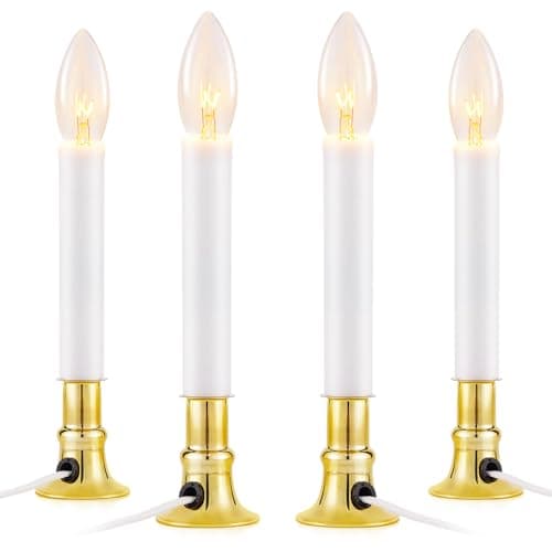 TOBUSA 4 Pack Christmas Electric Window Candle Lights, Dusk to Dawn Candle Lamps with Brass Base, 9in Plug in Candle Lights with 7W E12 Base Incandescent Bulbs for Windows, Home, Party Decor