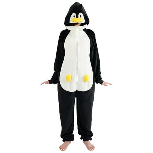 Pronzot Unisex Adult Penguin Costume Onesie,Animal Halloween Costume One Piece Cosplay Suit for Adults,Flannel Hooded Sleepwear (US, Alpha, Medium, Regular, Regular, Penguin)