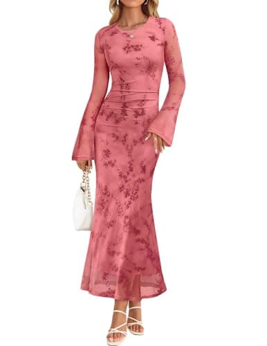 ZESICA Women's Long Sleeve Floral Bodycon Dress 2026 Spring Fall Ruched Mesh Wedding Guest Cocktail Party Maxi Dresses, Tie Dye Pink, S
