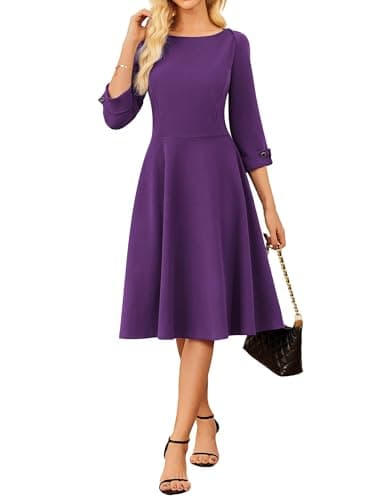 GRACE KARIN Women's Fit and Flare Work Dress 2025 3/4 Sleeve Elegant Cocktail Dresses Church Office Dress Purple L