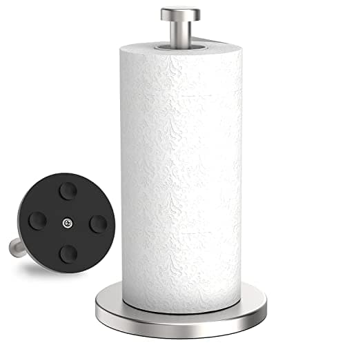 VEHHE Paper Towel Holder Countertop, Standing Paper Towel Roll Holder for Kitchen Bathroom, Paper Towel Holder Stand with Weighted Base Suction Cups, Stainless Steel Paper Towel Holder (Silver)