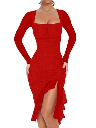 BORIFLORS Women's Sexy Ruched Bodycon Midi Dresses Elegant Mesh Long Sleeve Square Neck Ruffle Hem Cocktail Party Dress, Small, Red