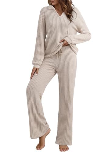 EVALESS Womens Pajama Sets Long Sleeve Sleepwear Matching Pj Pants 2 Piece Lounge Set Soft Comfy 2025 Fall Winter Ribbed Knit Loungewear Home Postpartum Airport Outfits Apricot Petite Small