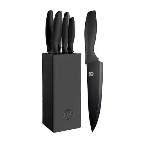 MasterChef Knife Block Set of 6 Kitchen Knives, Extra Sharp Stainless Steel Blades for Professional Cutting with Non Stick Coating & Soft Touch Easy Grip Handles in a Universal Block, Essential Black