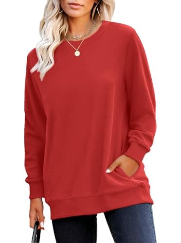 RUMIA Crewneck Fall Sweatshirts for Women Trendy- Women's Plain Long Sleeve Pullover Tops with Pockets Fashion Red