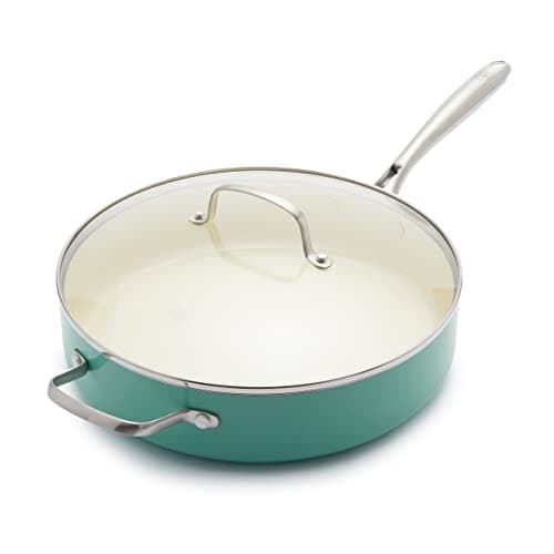 GreenLife Artisan Healthy Ceramic Nonstick, 5QT Saute Pan Jumbo Cooker with Helper Handle and Lid, Stainless Steel Handle, Induction, PFAS-Free, Dishwasher Safe, Oven Safe, Turquoise