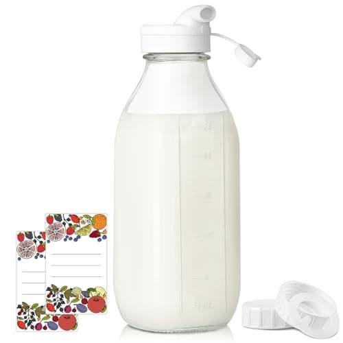 Syntic Square Liter Glass Milk Bottles with Airtight Lid - 100% Airtight Heavy Duty Screw Lid, 32 Oz Glass Juice Bottles w Scale Mark, Reusable Glass Jars for Homemade Juice(Extra 1 Lid and Pen)