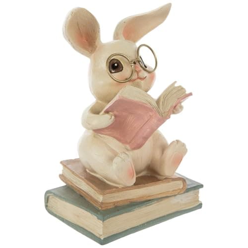 Hobby Lobby Animal Figurines with Glasses, Table Decor, Shelf Decor, Baby Shower Decor (Rabbit Sitting on Books)