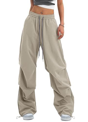 Bakyarder Women's Casual Parachute Pants Long Baggy Hiking Lightweight Drawstring Elastic Waist Wide Leg Track Trousers Y2K Streetwear Reflective Strips Pants Apricot Medium