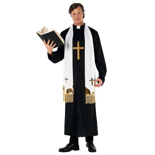 Morph Priest Costume Men Exorcist Outfit Adult Priest Costume With Collar Plus Accessories For Halloween Party, Large