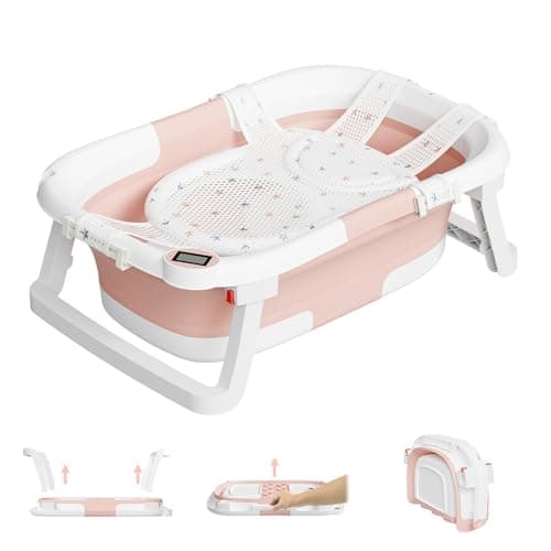 Collapsible Baby Bathtub,Baby Bath Tub with Soft Cushion & Thermometer,Baby Bathtub Newborn to Toddler 0-36 Months,Portable Travel Baby Tub, Pink, Bath Tub Pro