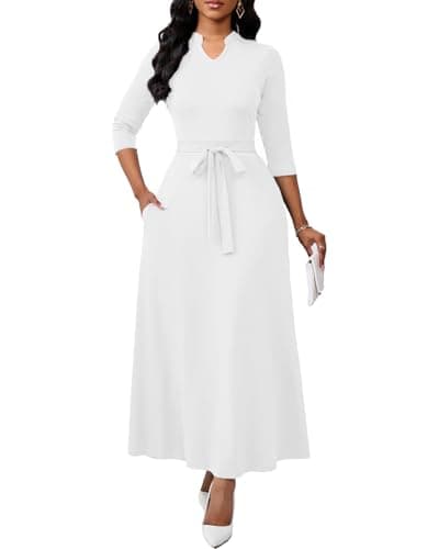 BubFee White Church Dresses for Women Semi Formal Long Dress Elegant 3/4 Sleeve Casual A-line Maxi Dress with Belt Large