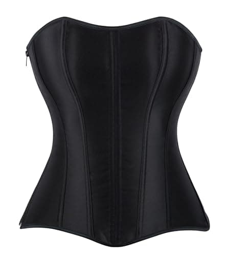 YMFFW Women's Sexy Satin Corset Bustier Lace up Boned Overbust Corset Top Black Satin Waist Cincher Black S
