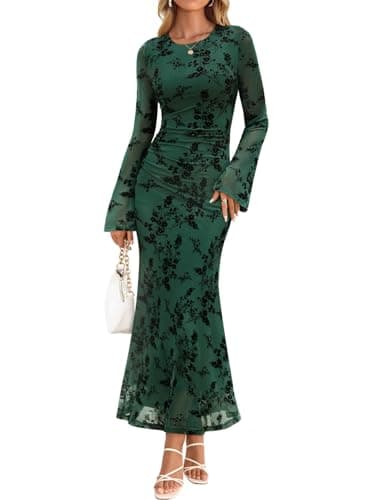 ZESICA Women's Long Sleeve Floral Bodycon Dress 2026 Spring Fall Ruched Mesh Wedding Guest Cocktail Party Maxi Dresses, Green, M