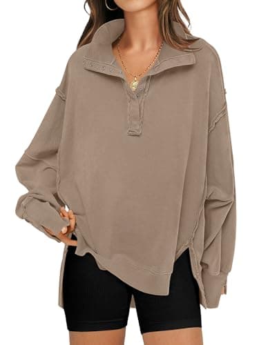 RUBZOOF Oversized Sweatshirt for Women Trendy Button Henley Neck Pullover Long Sleeve Tops Casual Fall Clothes Gray Coffee M