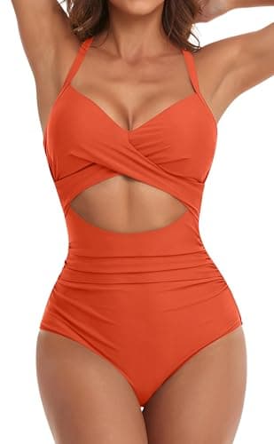 Eomenie Women's One Piece Swimsuits Tummy Control Cutout High Waisted Bathing Suit Wrap Tie Back 1 Piece Swimsuit Orange