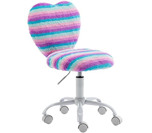 chairus Kids Desk Chair Faux Fur Small Study Chair for Teenage Girls, Adjustable Heart Shaped Kids Vanity Chair for Bedroom Reading Living Room, Cute Student Task Chair with White Foot, Rainbow