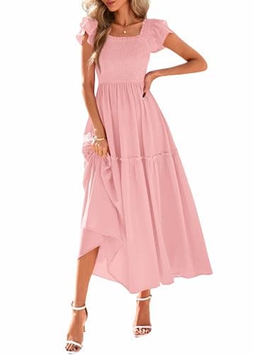 KIRUNDO Womens Summer Wedding Guest Dress 2025 Smocked Ruffle Flutter Short Sleeve Square Neck Flowy Tiered Midi Sundress(Pink, Medium)