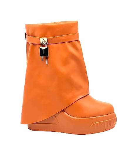 Liliana Women Round Toe Wedge Heel Fold Over Mid-calf Boots Brook-1 Orange Pu 8