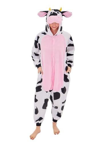 NEWCOSPLAY Animal Onesie Costume Adult Pajamas Plush One Piece Cosplay Costume(Pink Cow,Large)