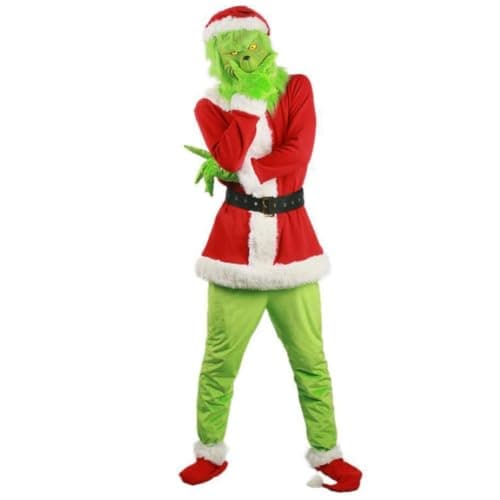 Aoibox Green Monster Adult Costume Christmas Costume Set, 7PCS Santa Claus Outfit - Mask Included,L