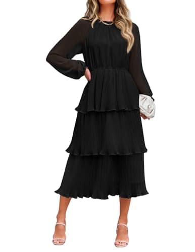 ZESICA Women's 2025 Long Sleeve Crew Neck Ruffle Tiered Layered Chiffon Flowy Swing Long Midi Dress,Black,Medium