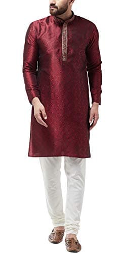 Sojanya (Since 1958, Men's Silk Blend Maroon Kurta and Off White Churidar Pyjama Set, Size: 38