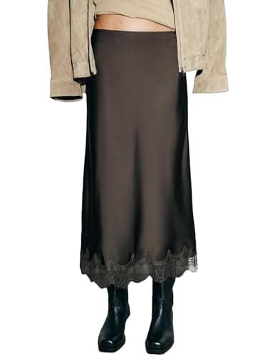 Women Satin Lace Long Skirt Elastic Waist Silky Lace Trim Midi Skirt Y2k Half Slip Maxi Skirts for Under Dress(Dark Brown,Medium)