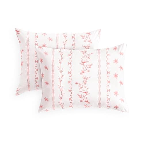 Wake In Cloud - Shabby Chic Pillow Cases, Floral Botanical Stripe Cottagecore Vintage Aesthetic, Set of 2 Soft Pillowcases Pillow Shams Covers, Pink White, Standard Size 20x26 Inches